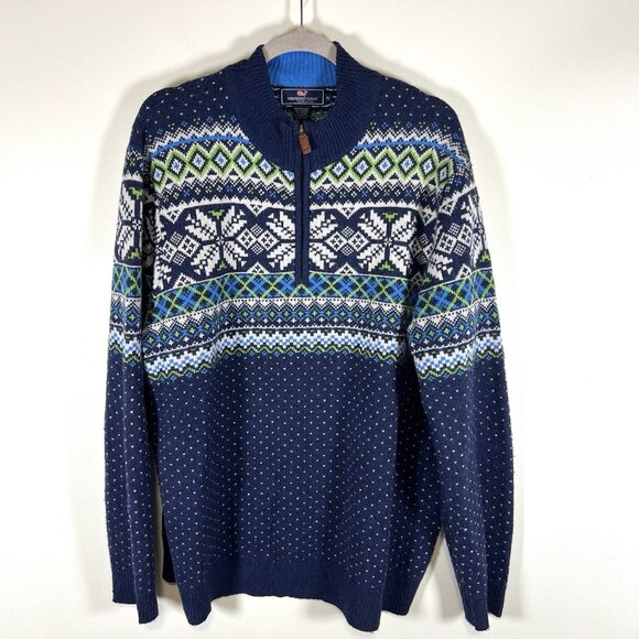 Vineyard Vines Sweater Mens XL Fair Isle Nordic Merino Wool 1/4 Zip Alpaca - Picture 1 of 9